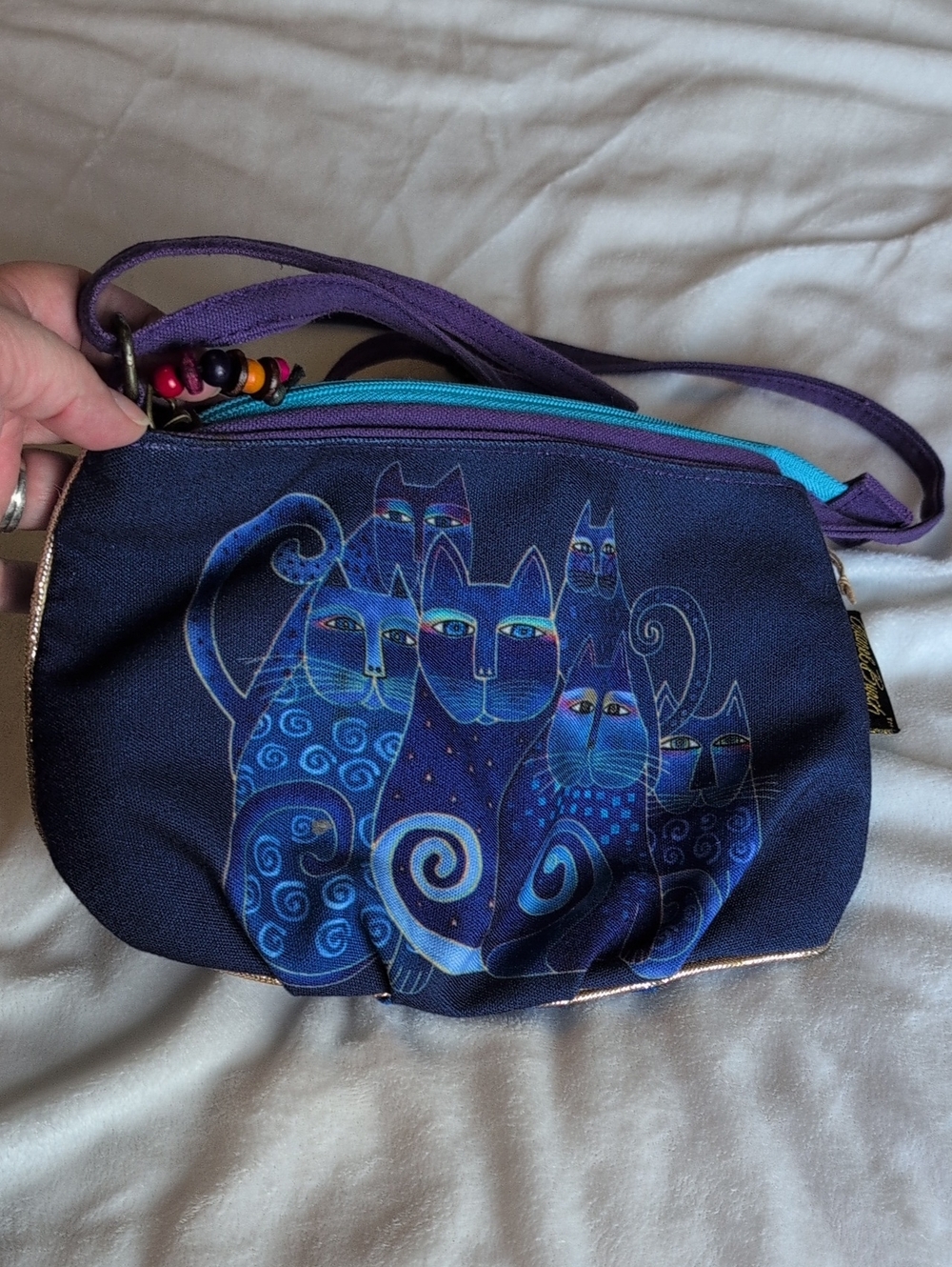 Laurel Burch Feline Cat Crossbody Bag Blue Canvas Small Purse Handbag Zipper